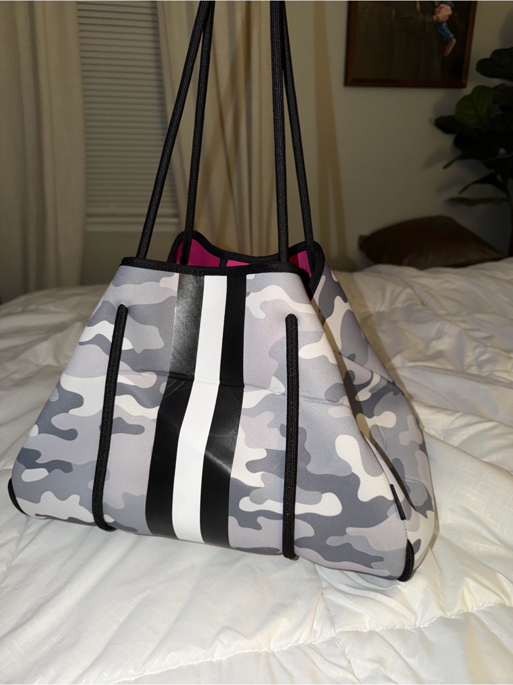 Neoprene Camo Tote Bag with Pink Interior and Black Stripes